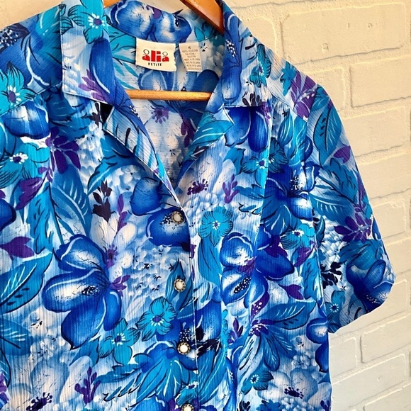 Vintage Button down shirt Floral print Cobalt blue/purple shortsleeve 16 Petite - Picture 1 of 7